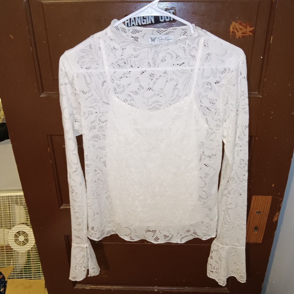EUC Jessica Simpson Two Piece Ivory Lace Bell Sleeve Blouse XS